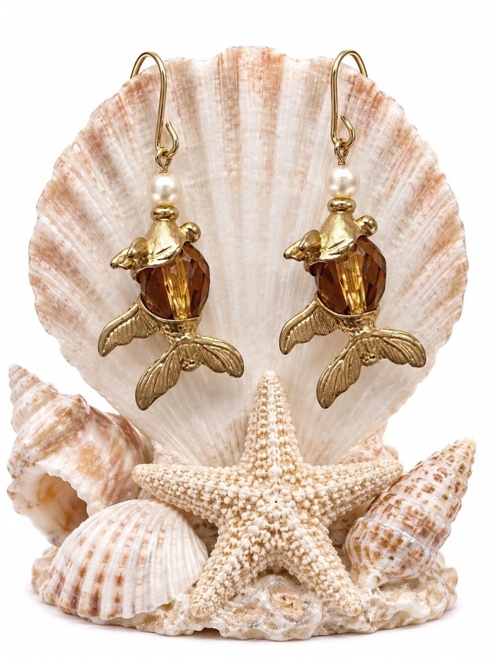 Gold Fish Topaz Faux Pearl Glass Bead Pierced Earrings NEW